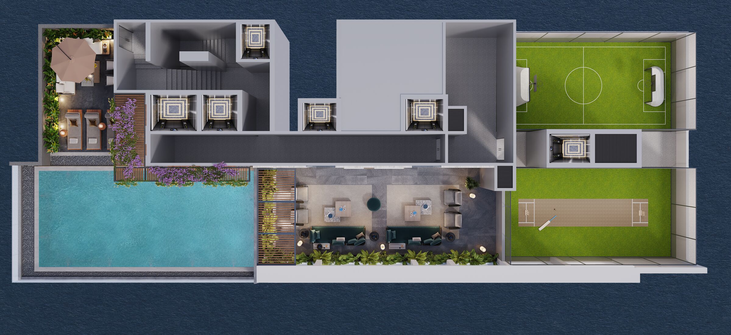 Veda - The Rooftop: infinity swimming pool, sports lounge, cricket turf and multi-purpose turf